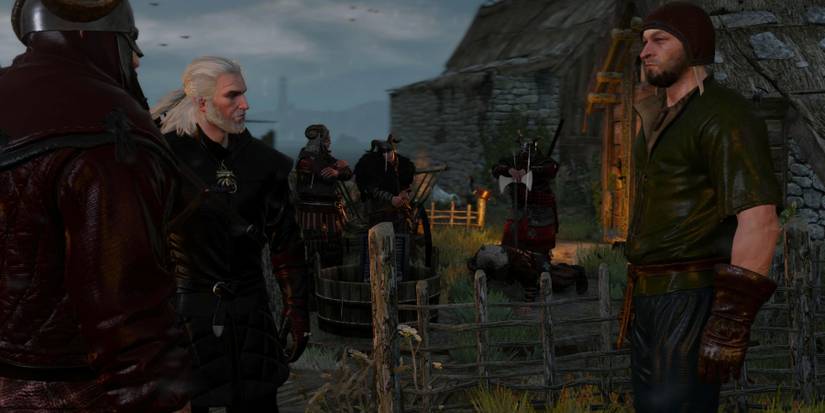Witcher 3 Geralt getting info from the villager in Fyresdal
