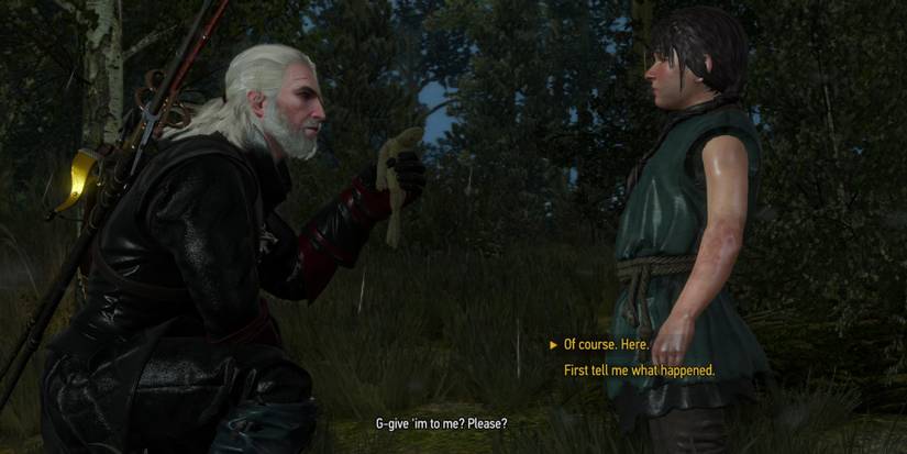 Witcher 3 Geralt giving a frightened young girl her doll back-1