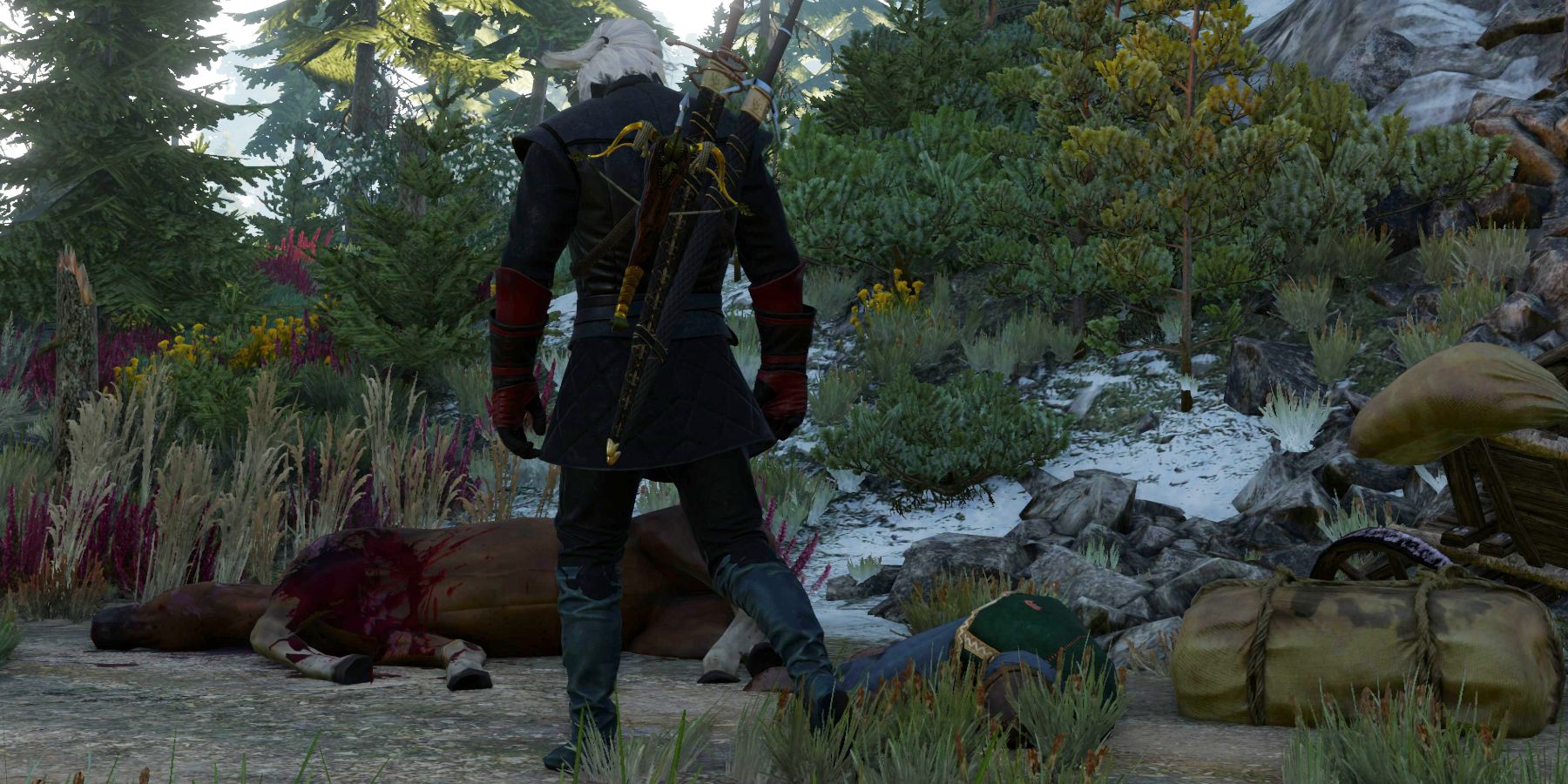 Witcher 3 Geralt investigating the dead villager near Fyresdal