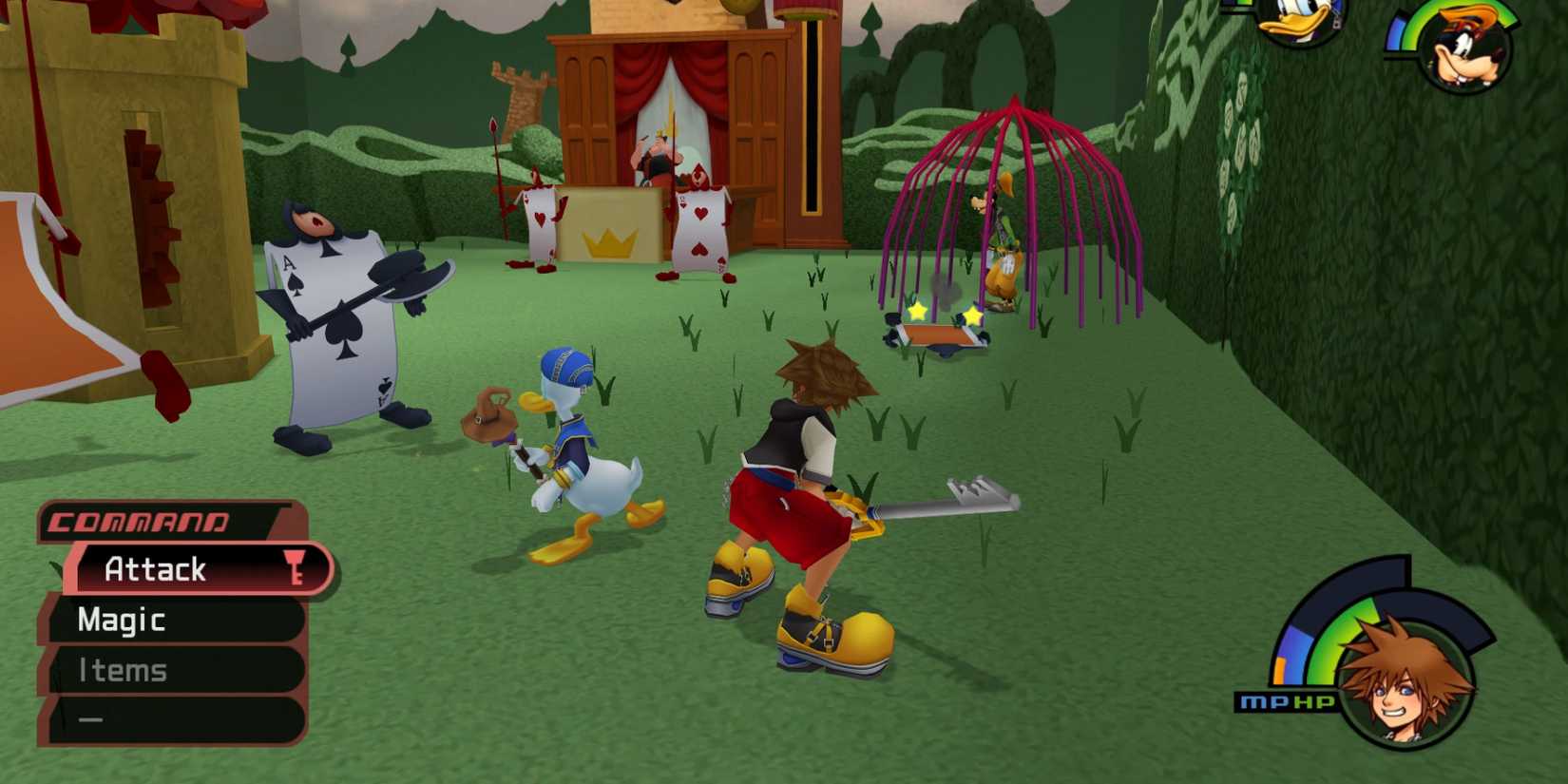 Sora, Donald, and Goofy in Wonderland in Kingdom Hearts 1