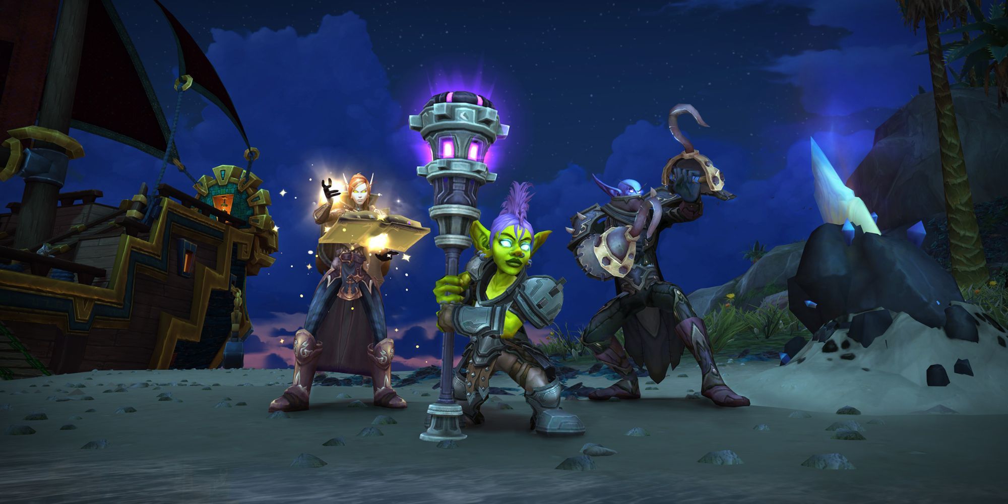 Three characters standing together in World of Warcraft