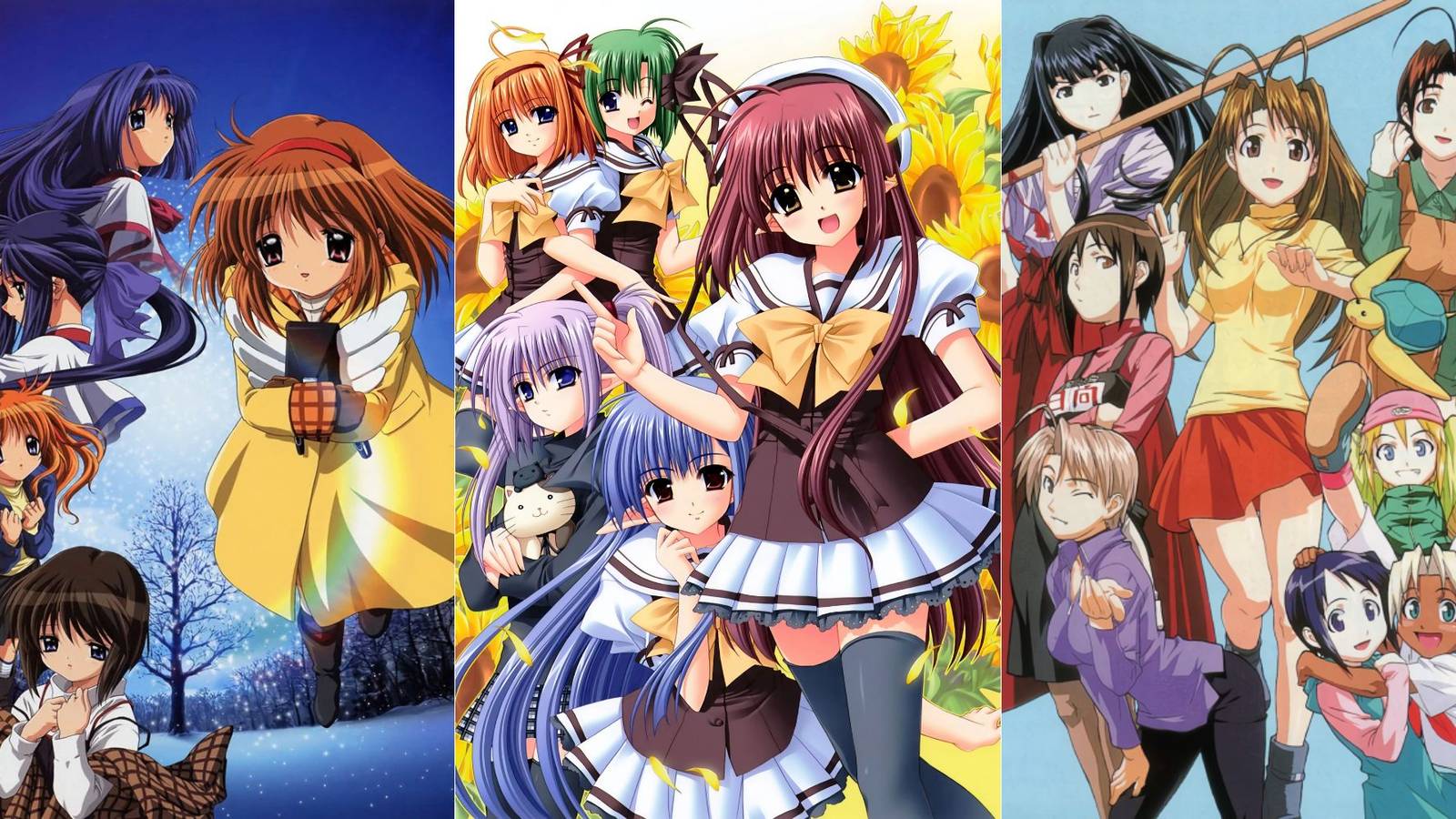 Official series art for Kanon 06, Shuffle!, and Love Hina