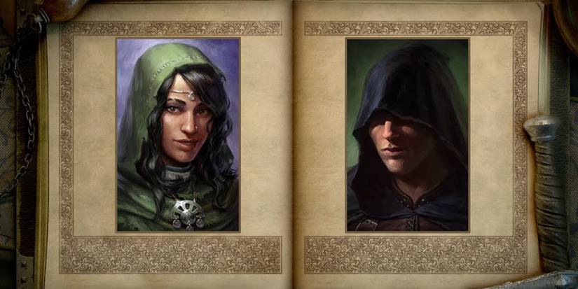 Xoti and the Watcher side by side on the pages of an old leather tome