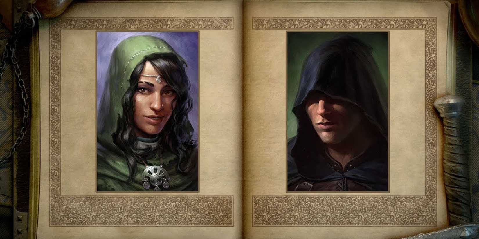 Xoti and the Watcher side by side on the pages of an old leather tome