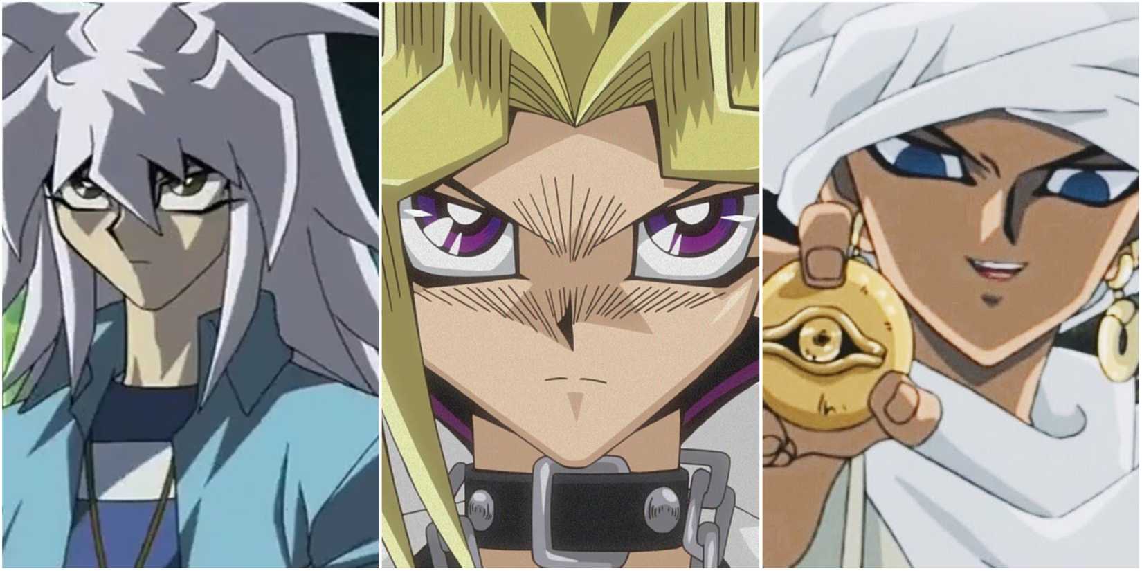 Three way split grid of Yami Bakura, Yami Yugi, and Shadi from Yu-Gi-Oh!