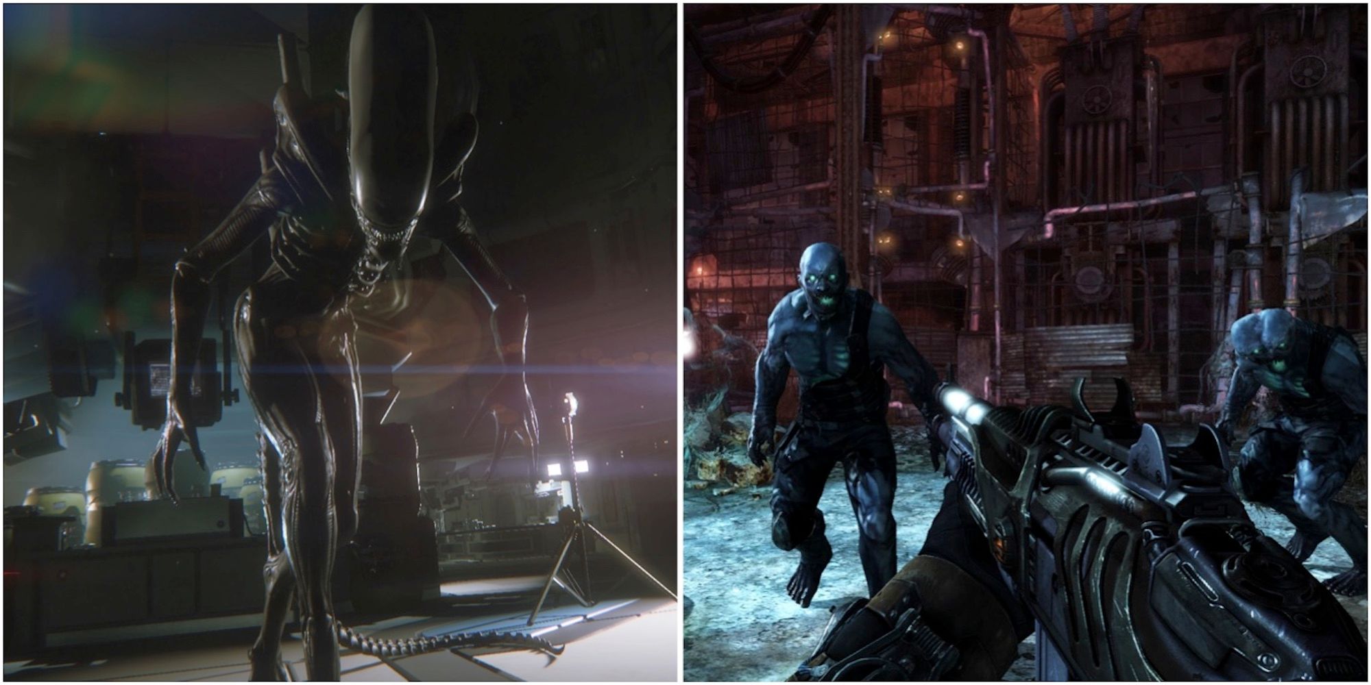 An Alien in Alien Isolation and fighting enemies in Singularity