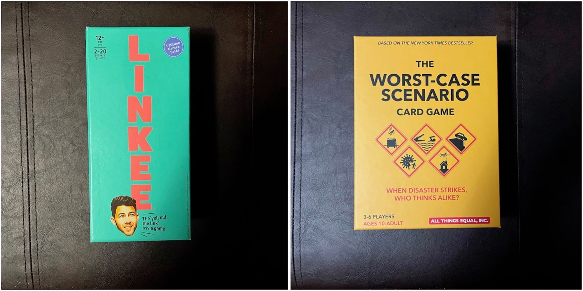 The board game boxes for Linkee and The Worst Case Scenario