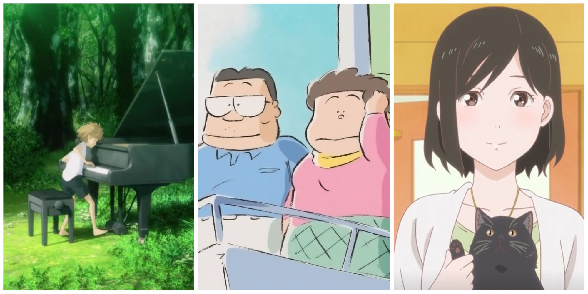 A split image with the main characters from Piano Forest, My Neighbors the Yamadas, and She and Her Cat: Everything Flows
