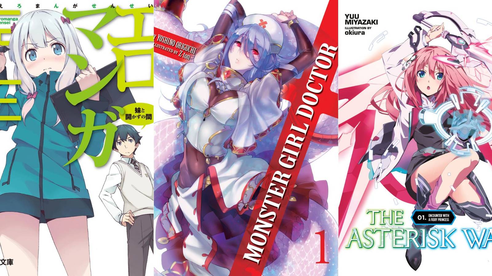 Light novel covers for Eromanga-sensi, Monster Girl Doctor, & The Asterisk War