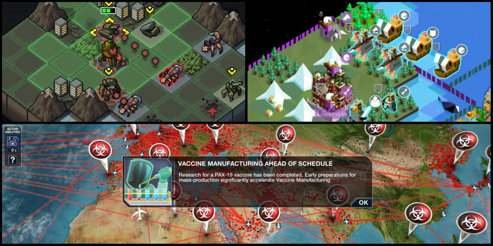 3 screens from into the breach, battle for polytopia and Plague inc