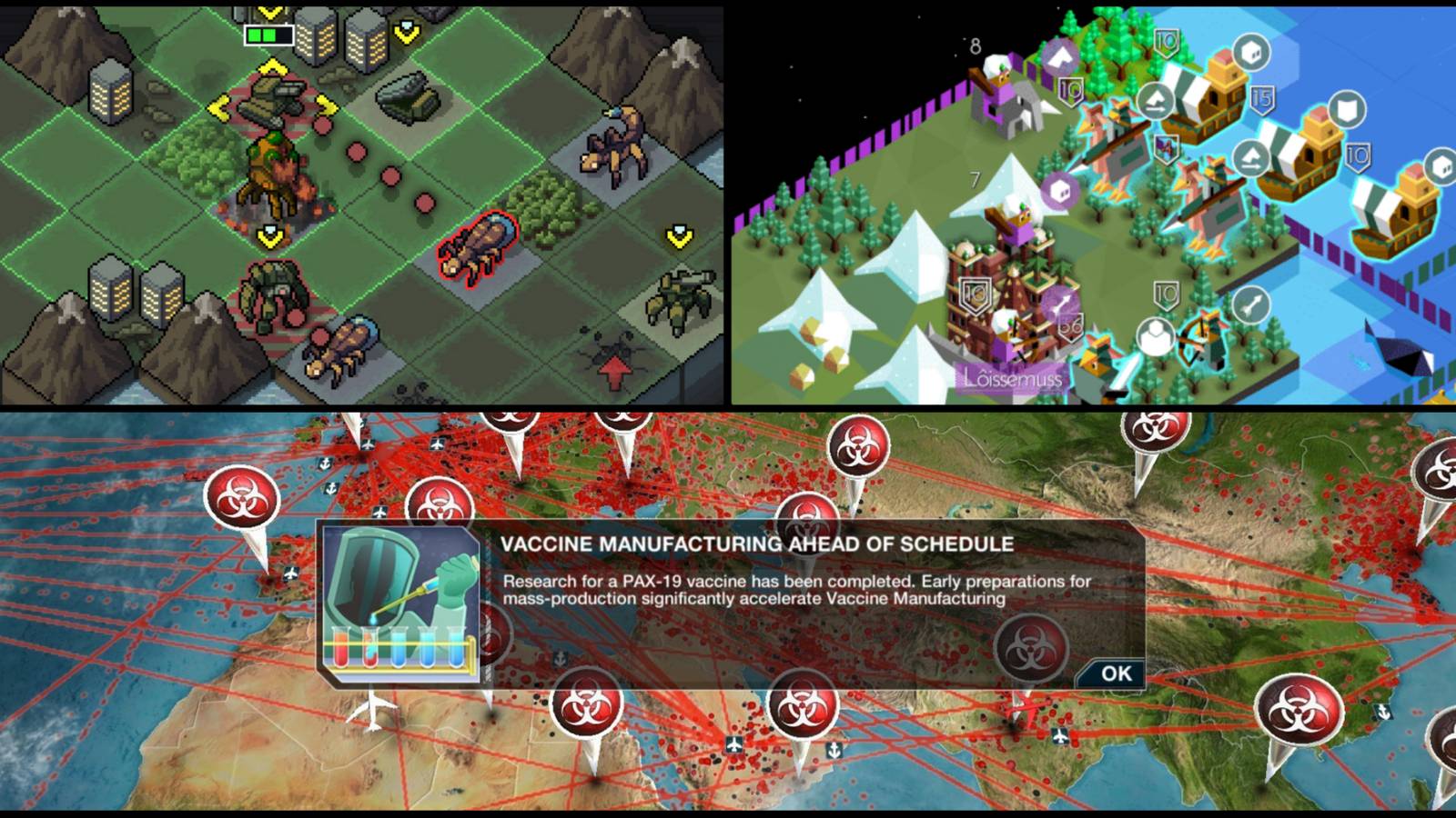 3 screens from into the breach, battle for polytopia and Plague inc
