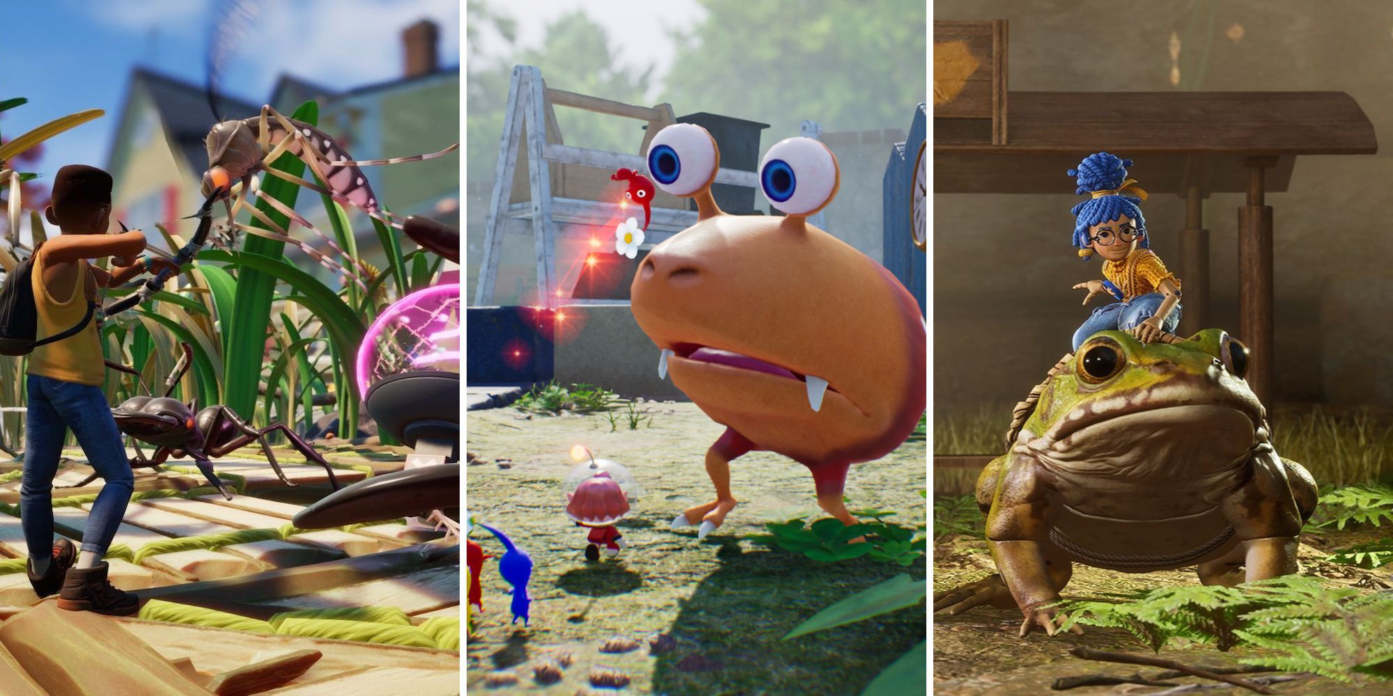 A grid of three images from the games Grounded, Pikmin 4, and It Takes Two
