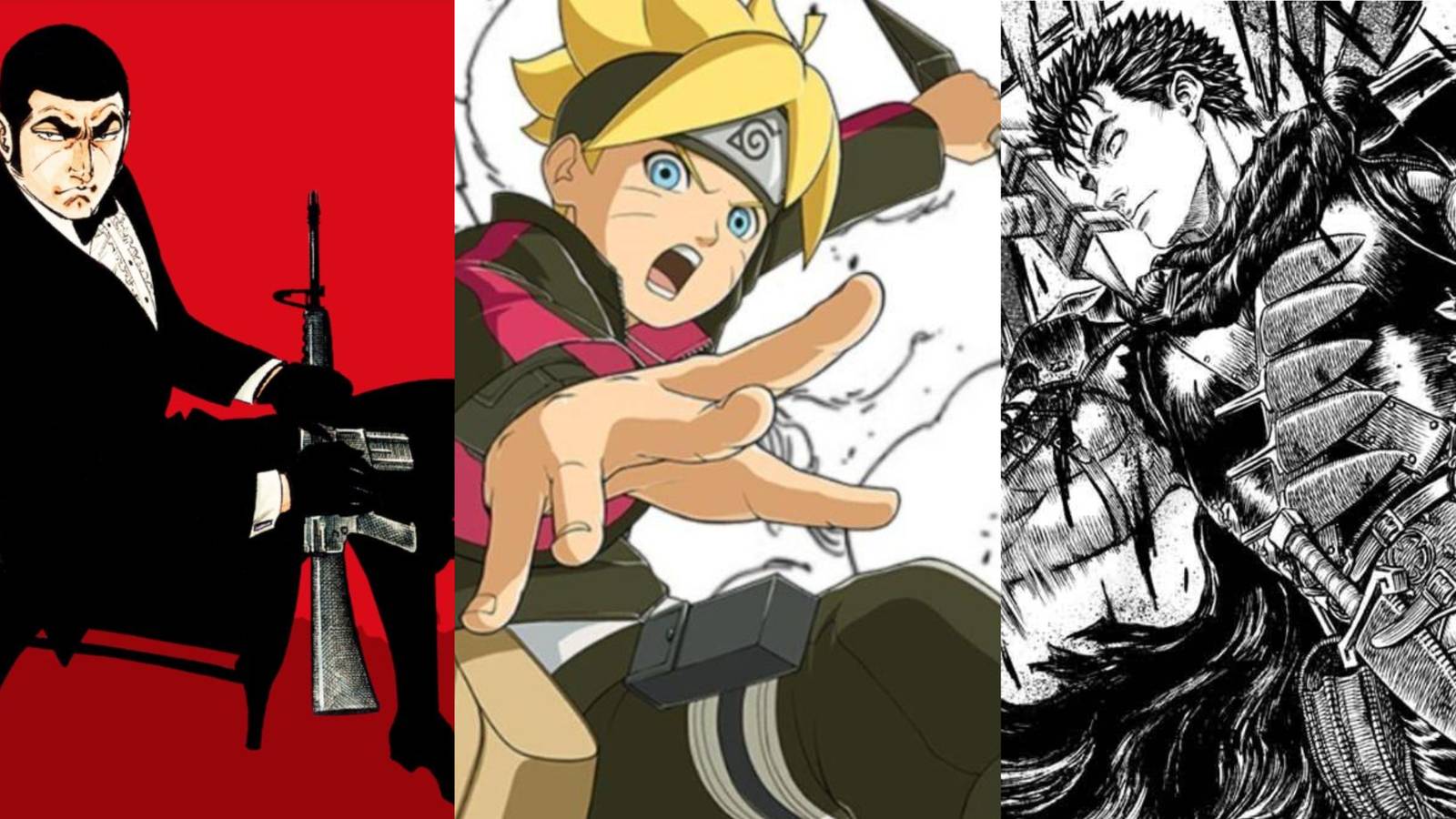 A split image with the main characters from Golgo 13, Boruto, and Berserk