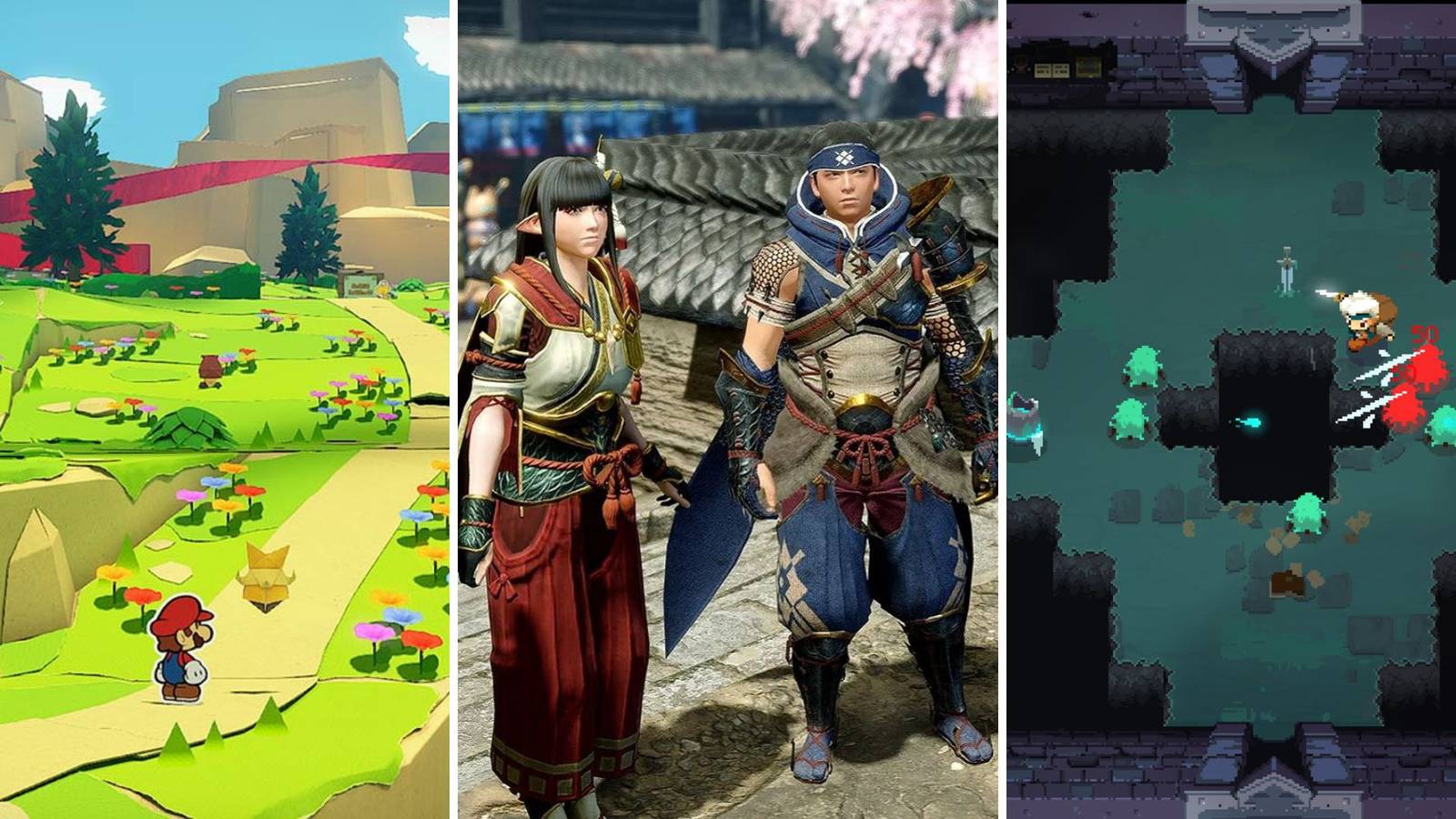 A grid of images showing the games Paper Mario: The Origami King, Monster Hunter Rise, and Moonlighter