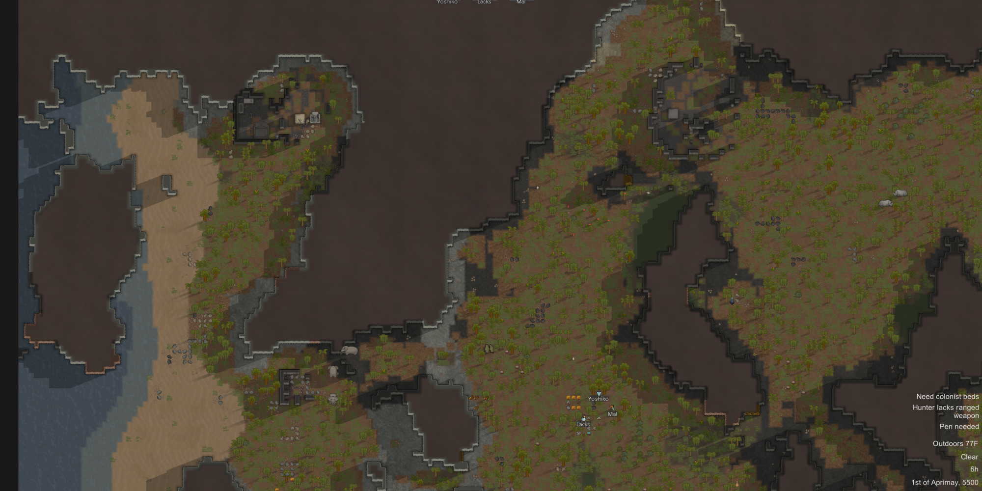 Tropical map tile from the 100ManTest seed in Rimworld