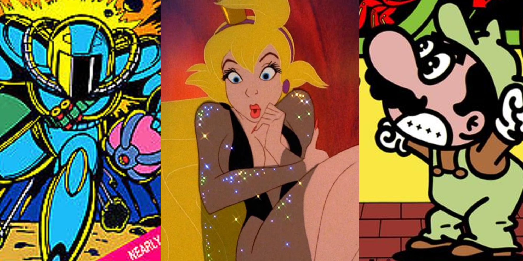 Bomberman on his NES box art; Princess Daphne in Dragon's Lair; Luigi on the boxart for Mario Bros