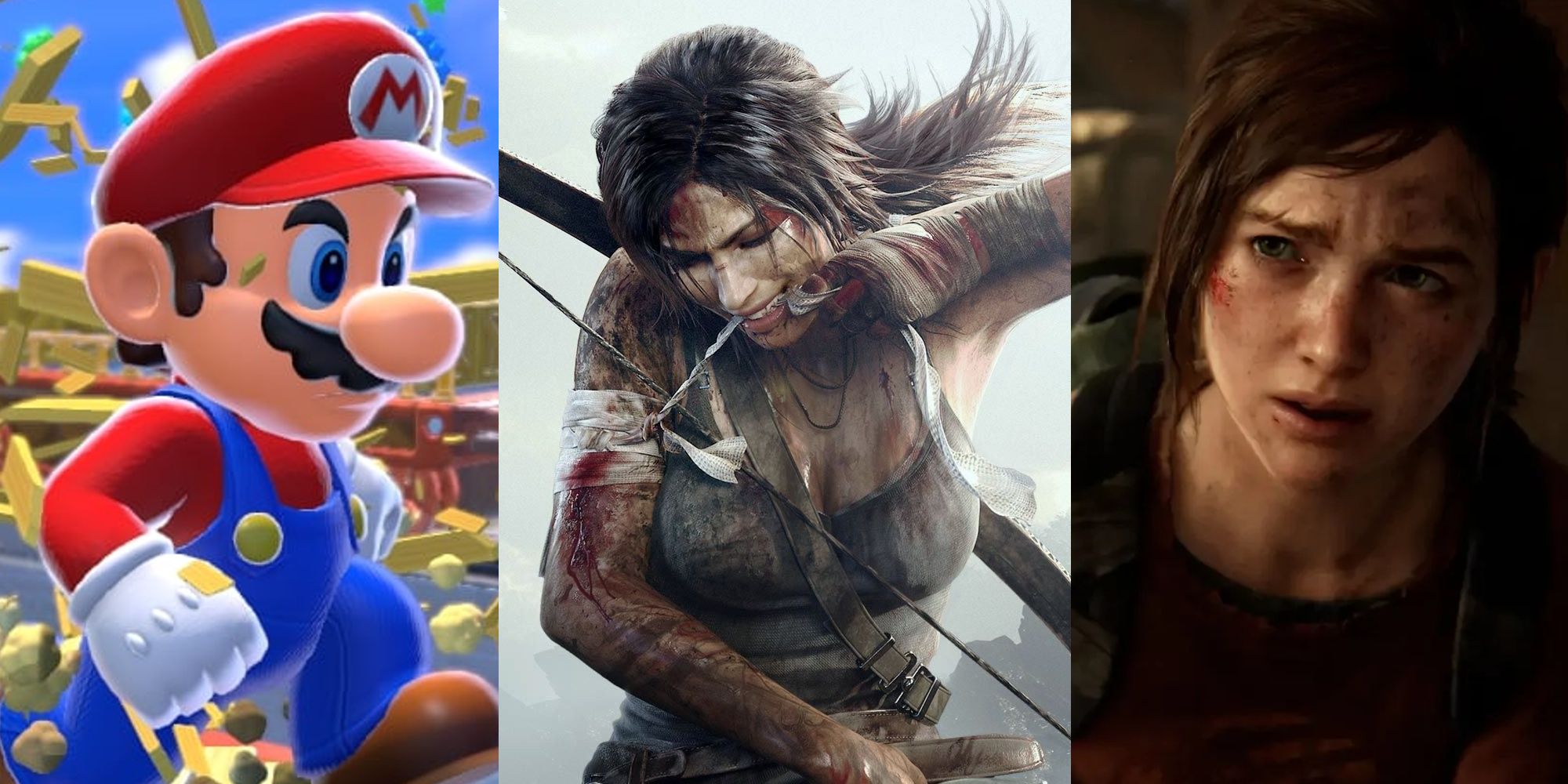 Giant Mario crushing boxes; Lara Croft tending to an arm wound; Ellie looking distraught