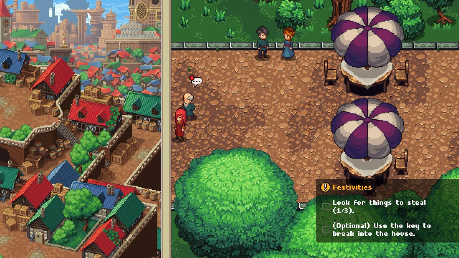 A red-haired thief looks out over a vista of a dense medieval city in the game Chained Echoes.