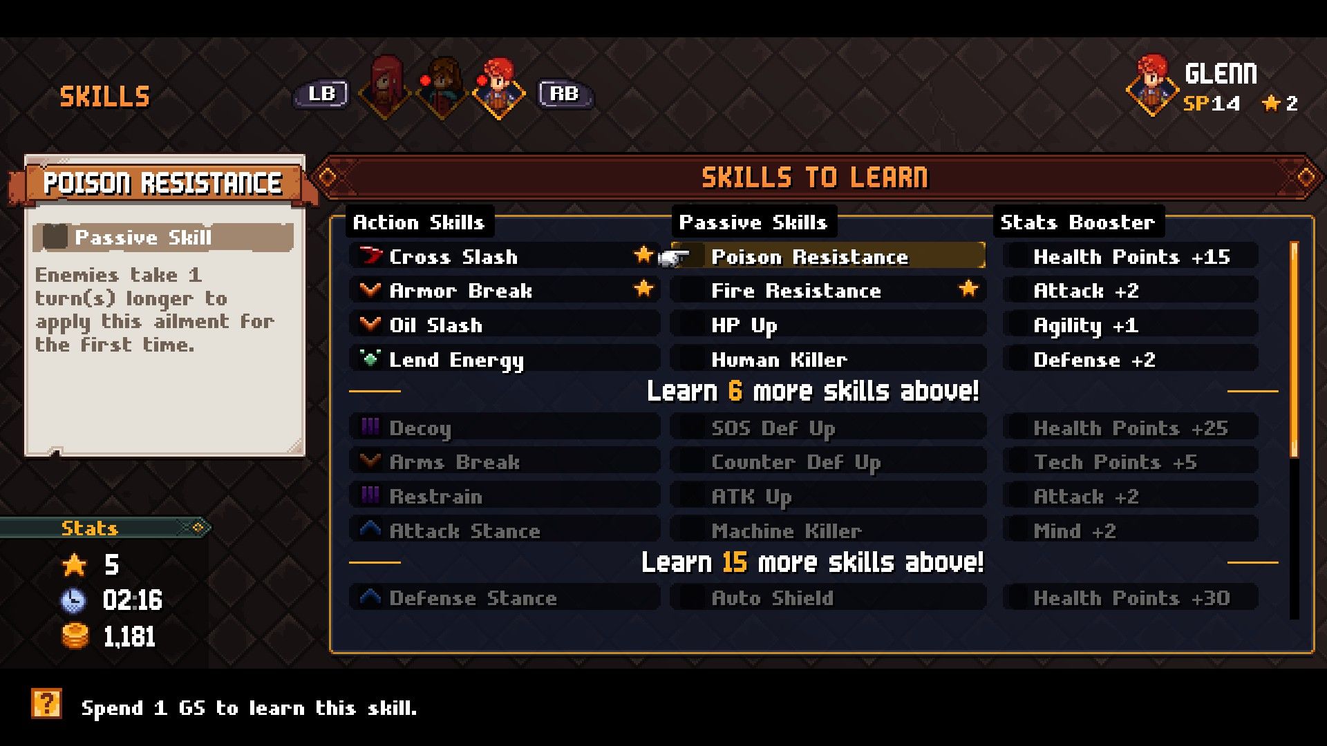 A screenshot of the Skill learning menu in the game Chained Echoes.