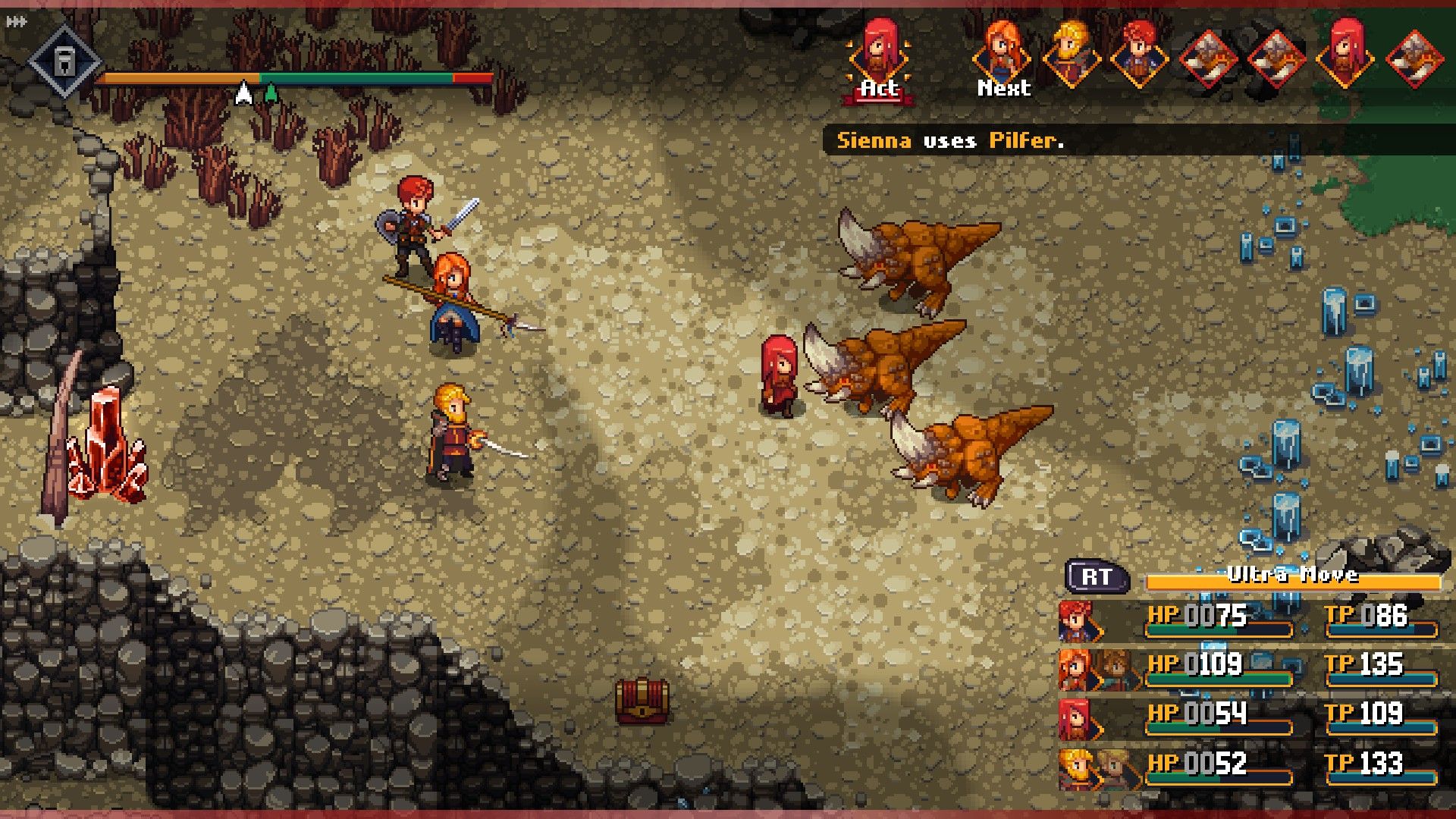 The heroes in Chained Echoes battle against 3 lizard-like monsters with giant horns in the mountains.
