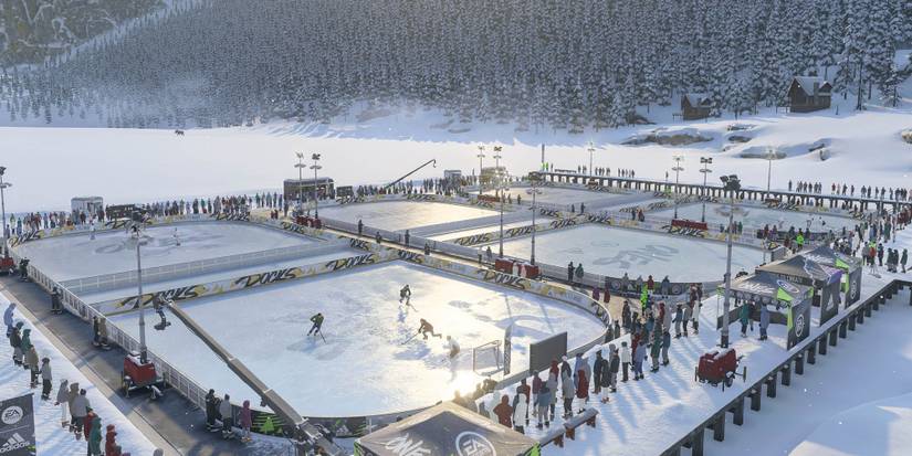 NHL 23 pond hockey with fans drone view