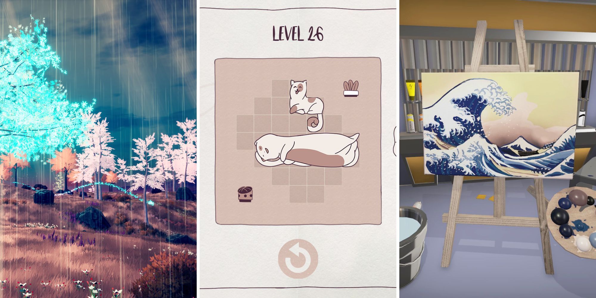 A grid of images showing the cozy games The Companion, Cats Organized Neatly, and SuchArt: Genius Artist Simulator