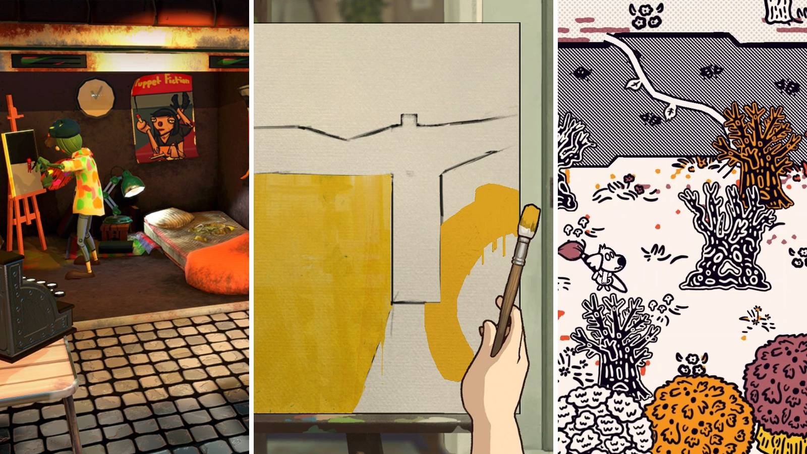 A grid of images from the games involving art called Passpartout: A Starving Artist, Behind The Frame: The Finest Scenery, and Chicory: A Colorful Tale