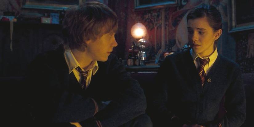 Ron Weasley and Hermione Granger looking at each other mid-conversation in Harry Potter and the Order of Phoenix