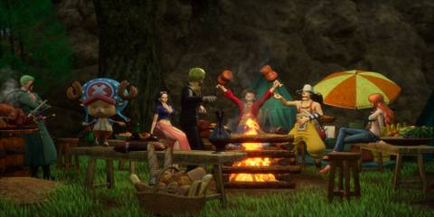 A cutscene featuring characters in One Piece Odyssey