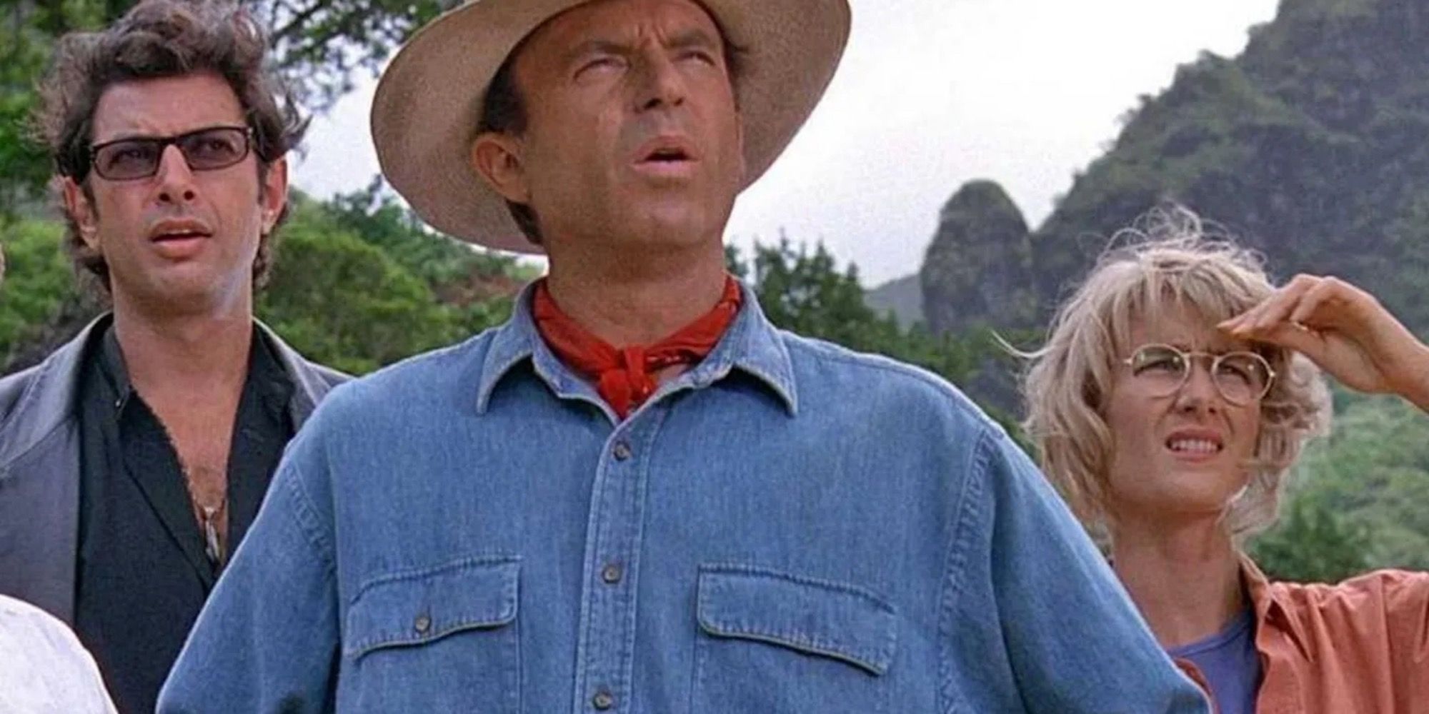 A scene featuring characters in Jurassic Park