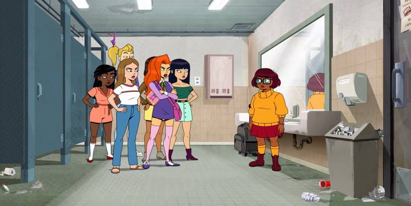 A scene featuring characters in the bathroom in Velma