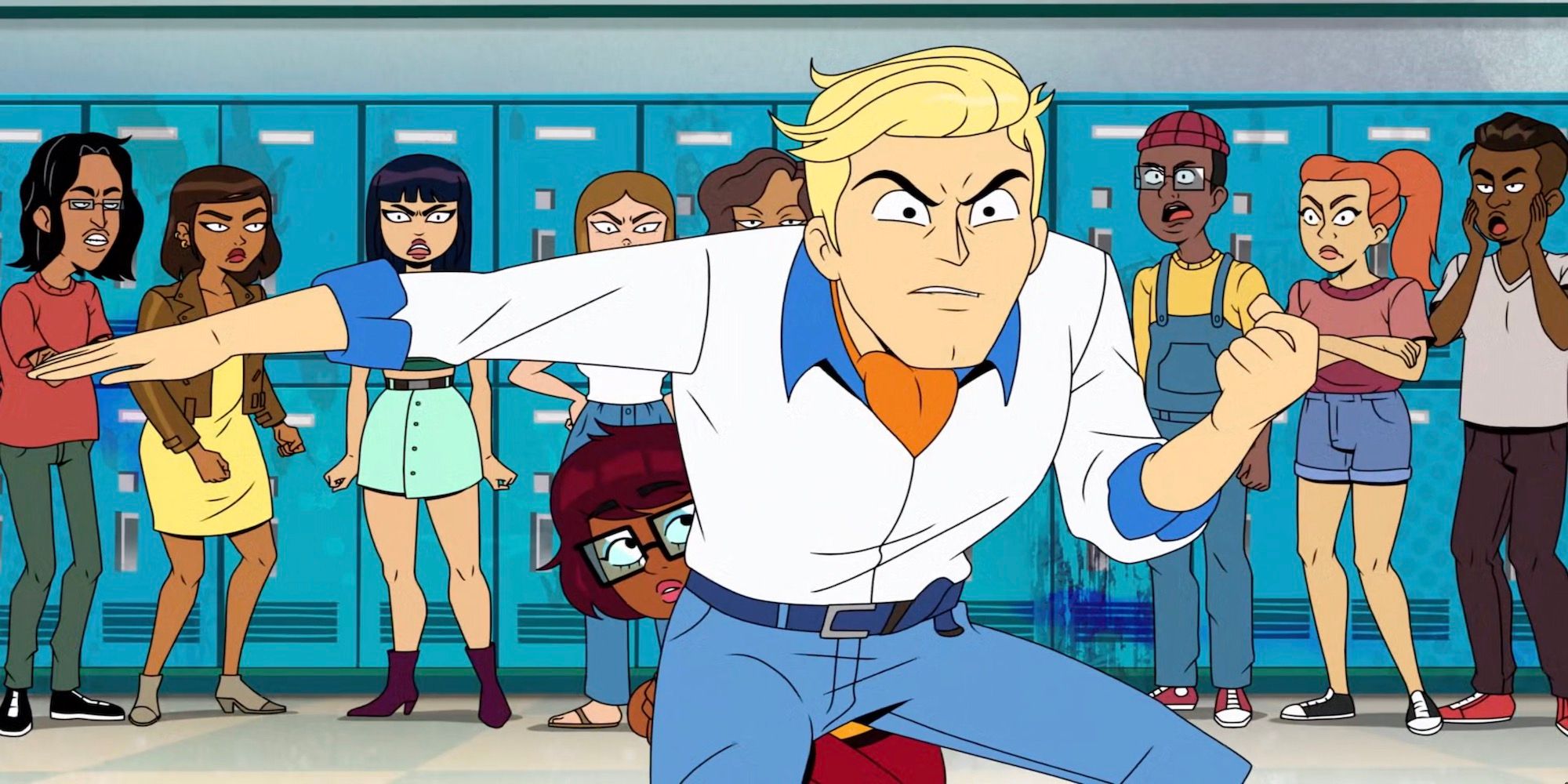 A scene featuring characters in the school in Velma