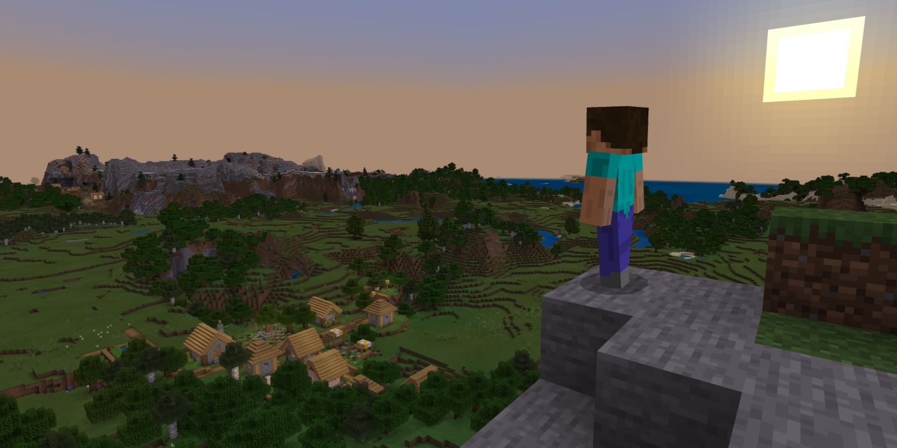 Minecraft - Steve with a village in the background