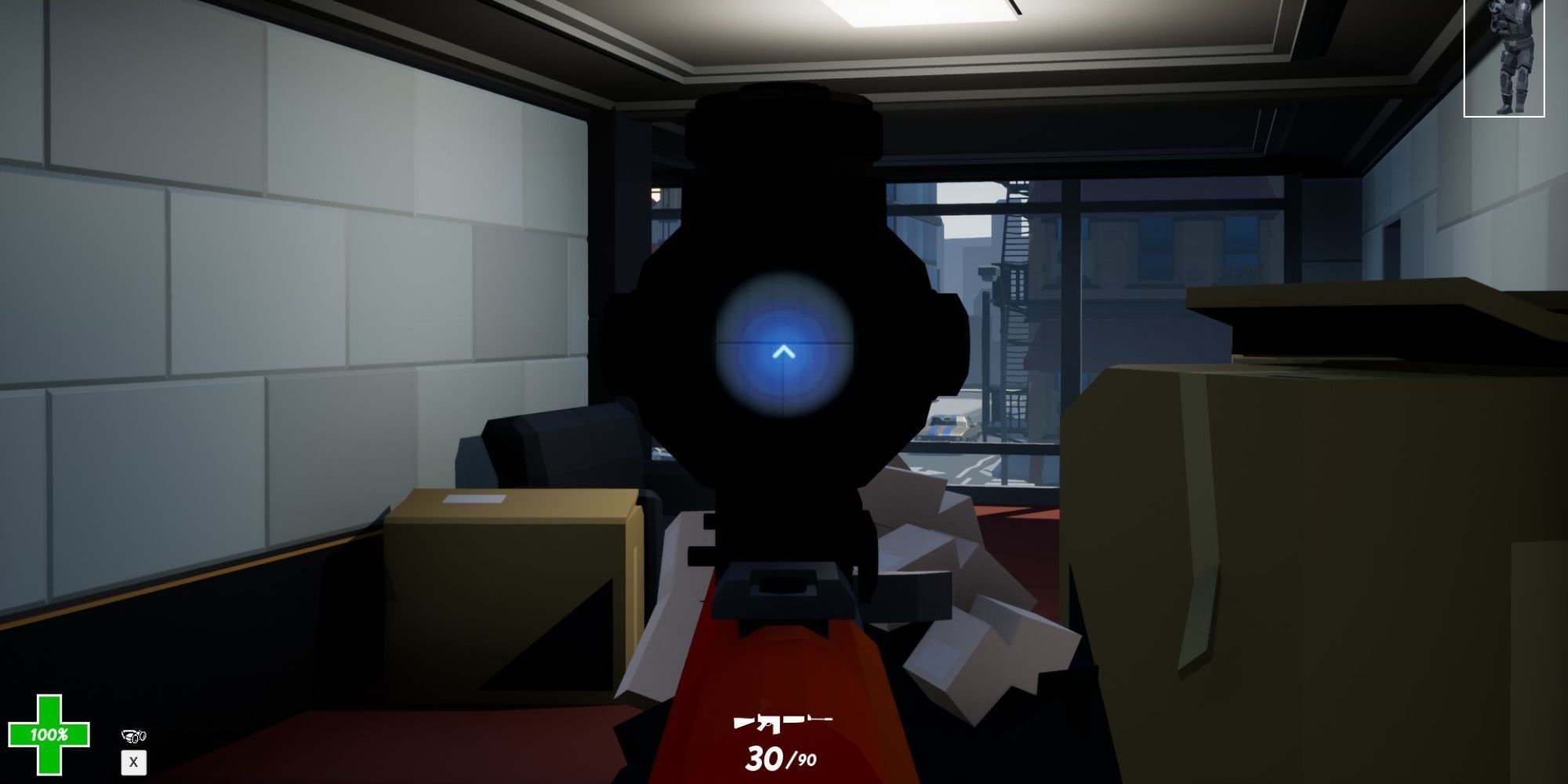 Aim down sights outside a window using a rifle in Perfect Heist 2