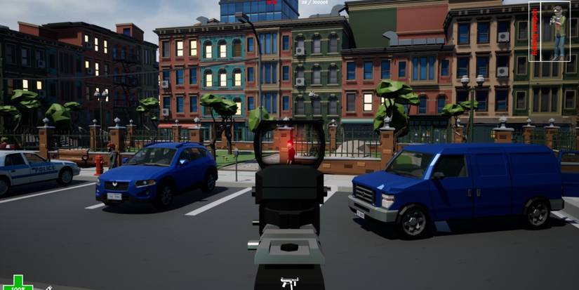 Aiming Towards A Brown Building While Inside A Parking Lot In Perfect Heist 2