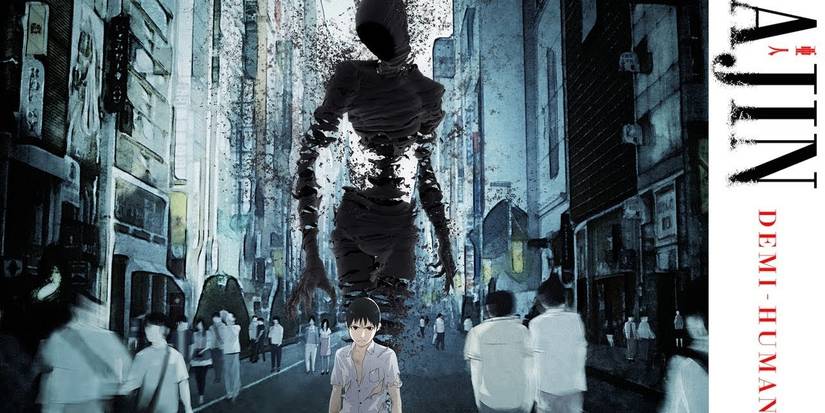 The main character of Ajin and his demon standing on a crowded street