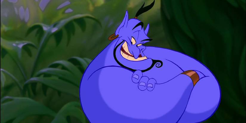 The blue genie from Aladdin, his arms folded over his chest and a wide grin on his face.