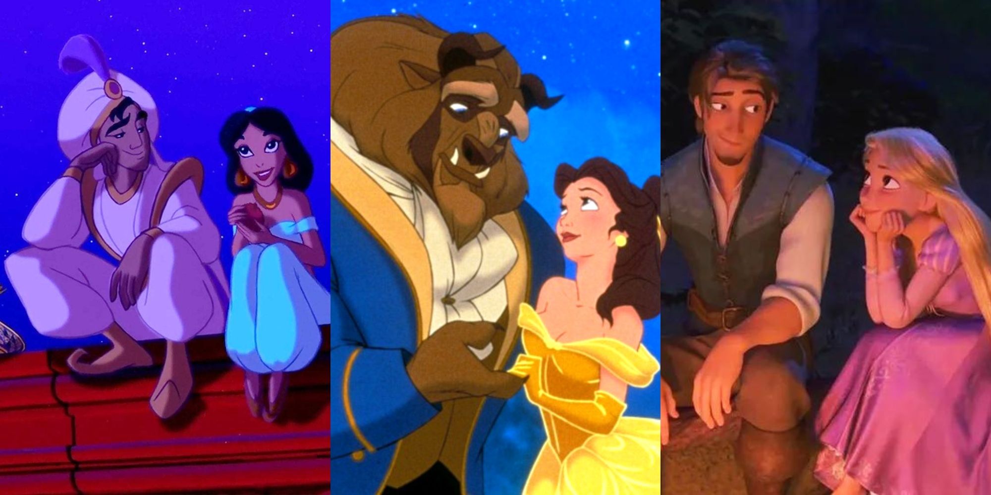 Aladdin And Jasmine in Aladdin, Belle And The Beast in Beauty and the Beast, Flynn And Rapunzel in Tangled