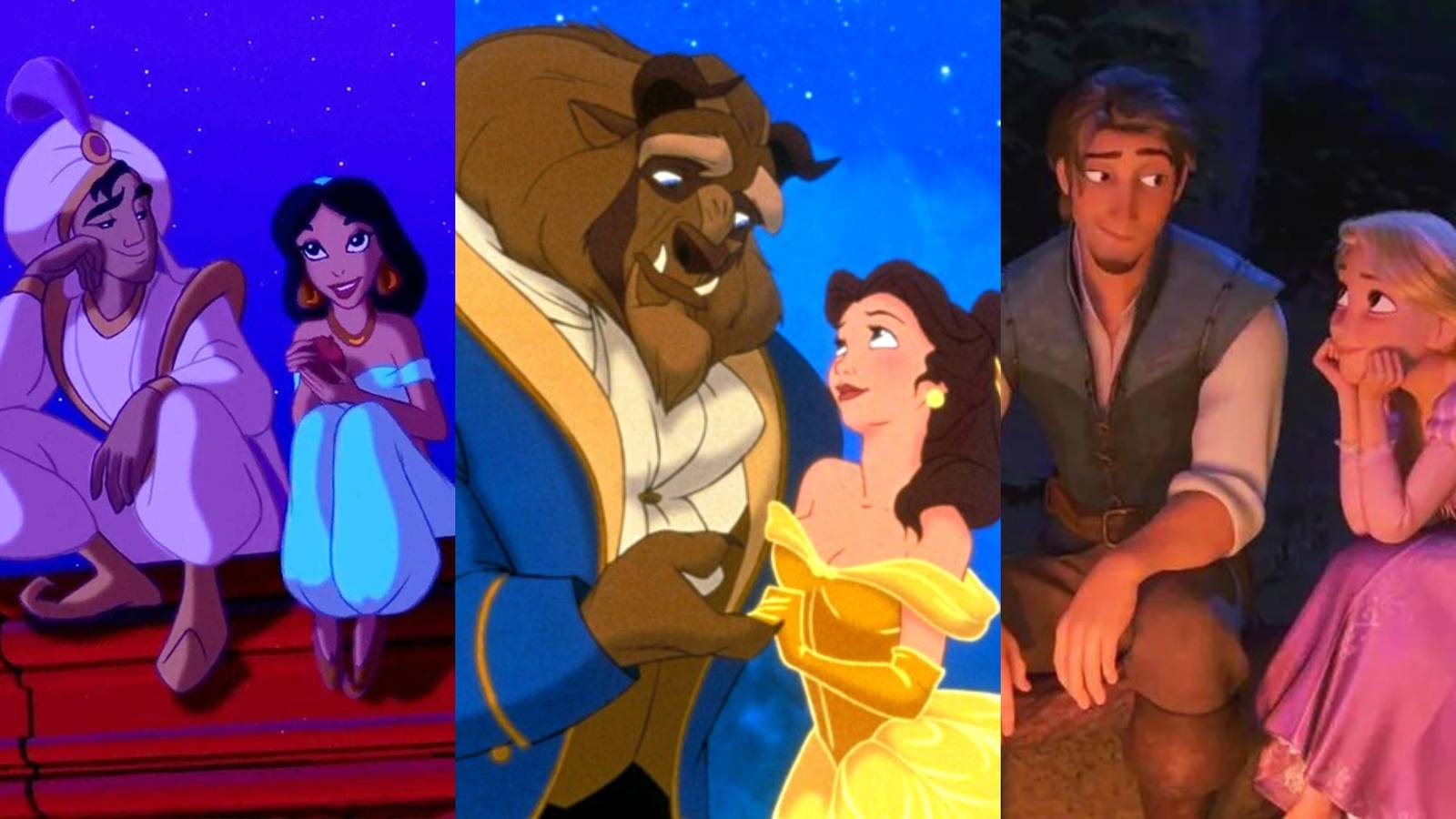 Aladdin And Jasmine in Aladdin, Belle And The Beast in Beauty and the Beast, Flynn And Rapunzel in Tangled