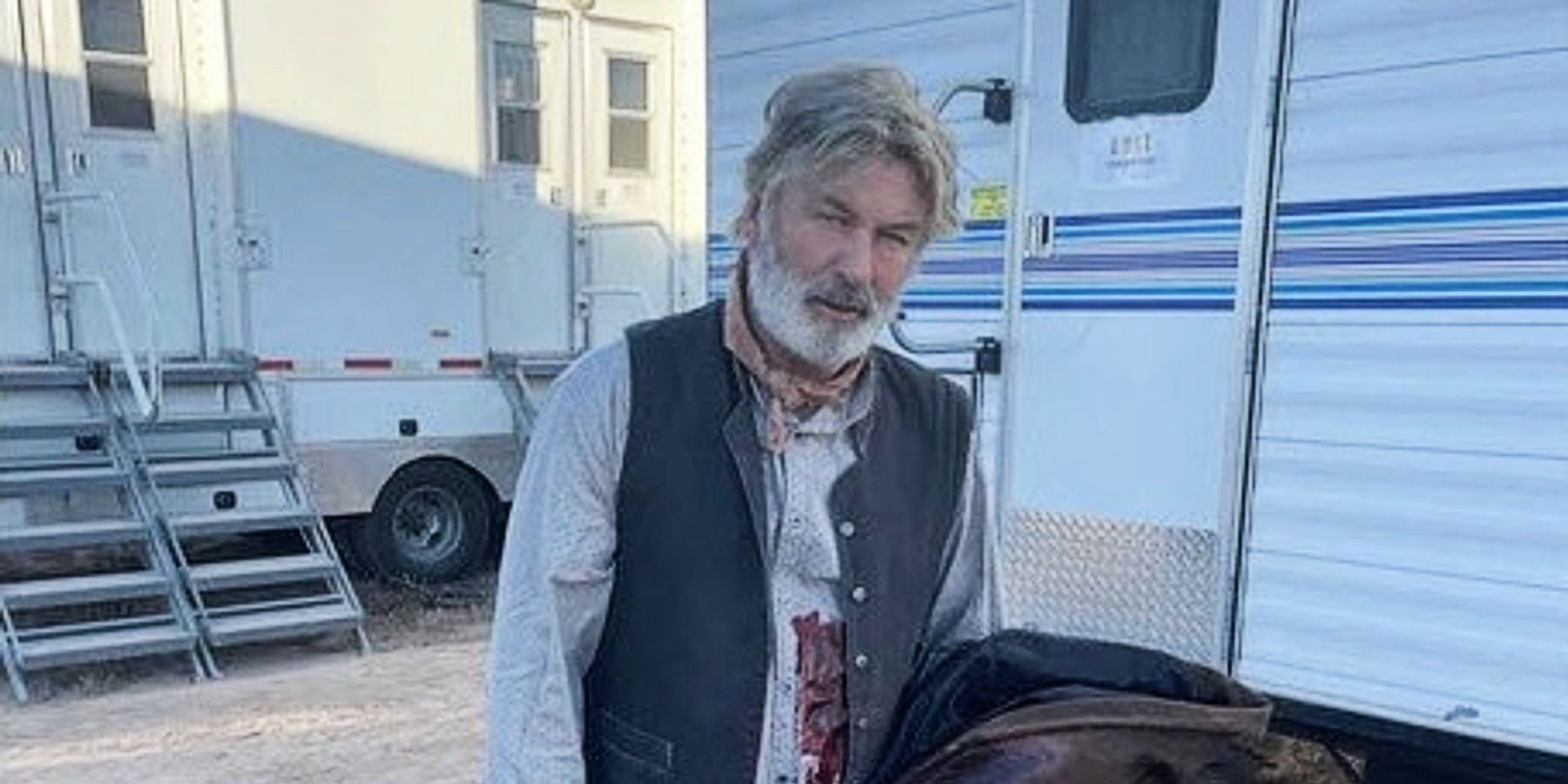 Bearded Alec Baldwin on Rust movie set