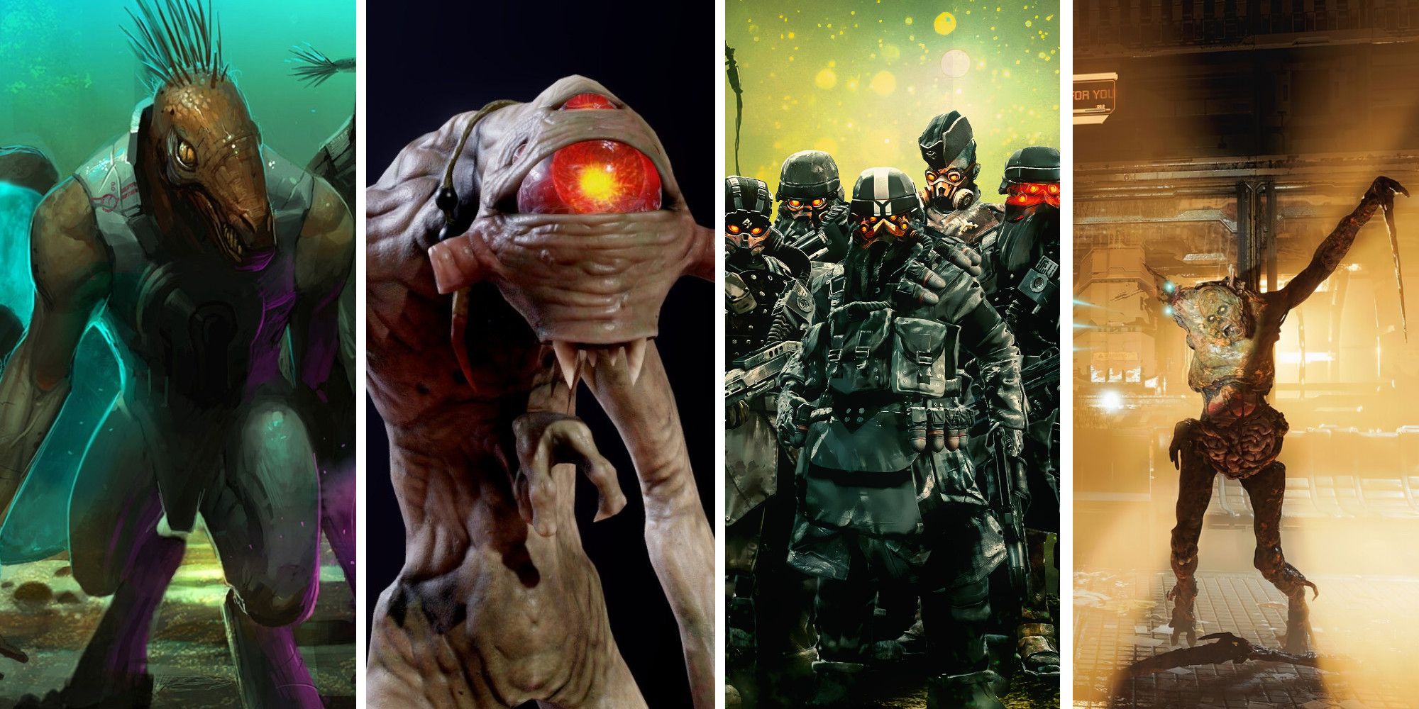 from left to right, covenant, xen, helghast, and necromorph aliens