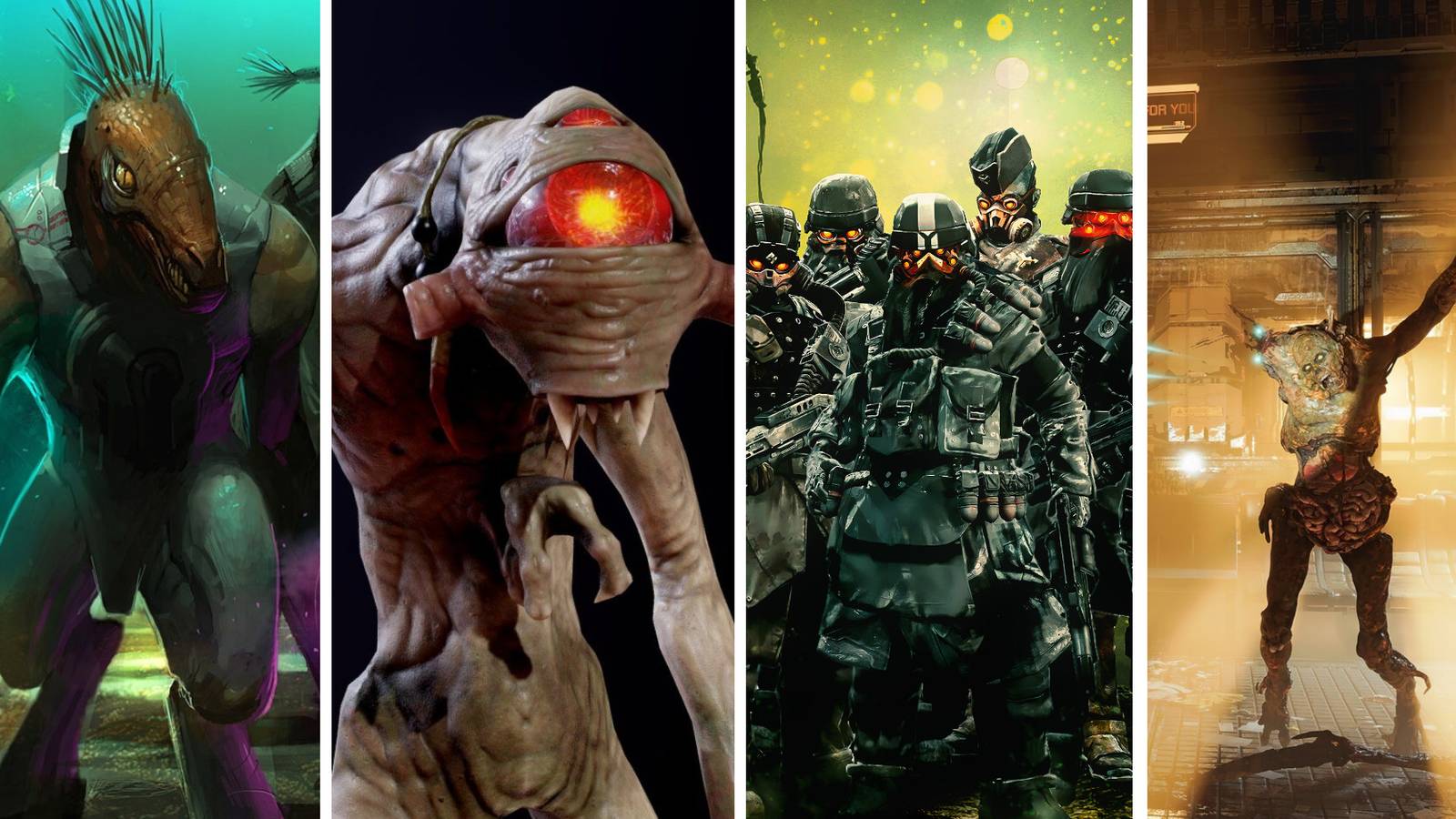 from left to right, covenant, xen, helghast, and necromorph aliens