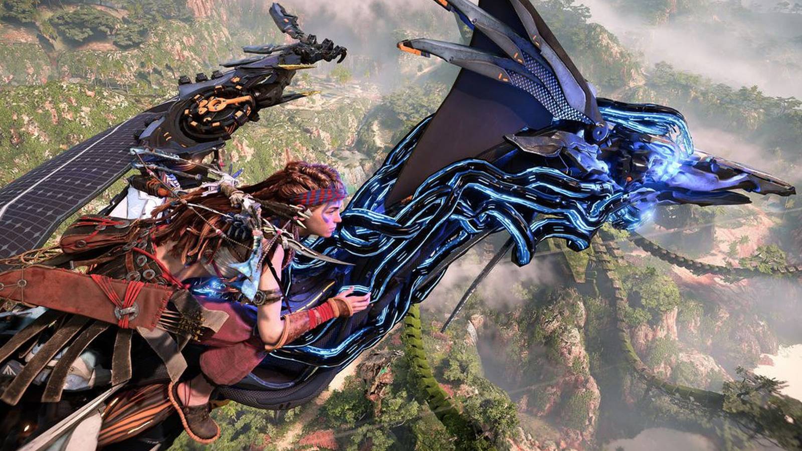 Aloy riding Sunwing in Horizon Forbidden West