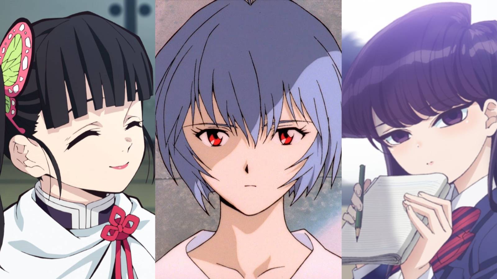 A split image of quiet characters from Demon Slayer, Neon Genesis Evangelion, and Komi Can't Communicate