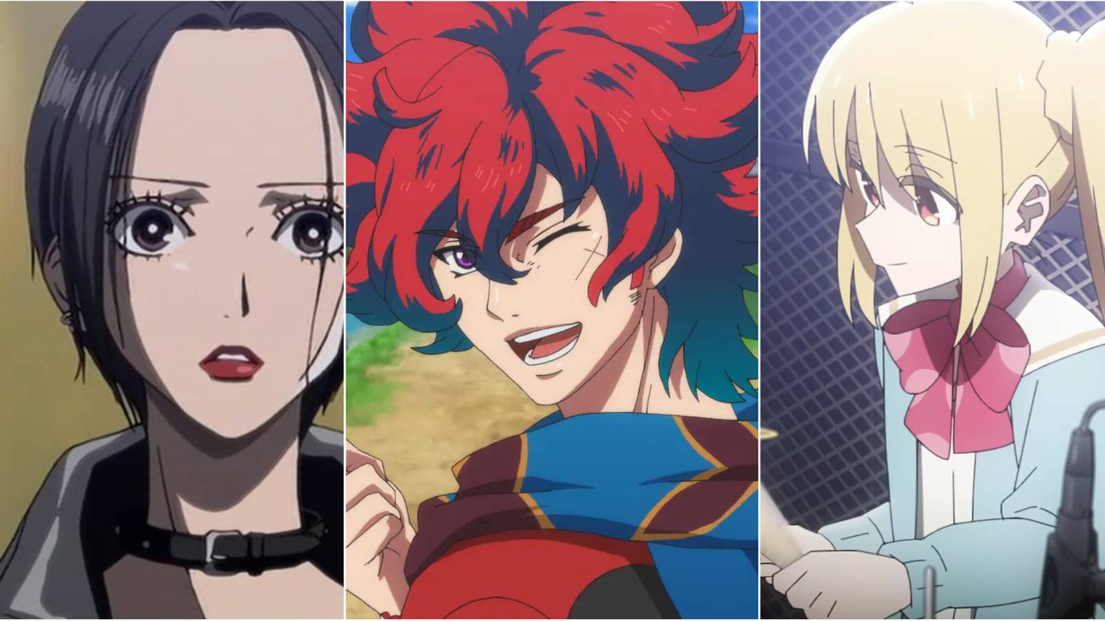 Three-way split grid of screenshots from Nana, Bakamatsu Rock, and Bocchi! The Rock