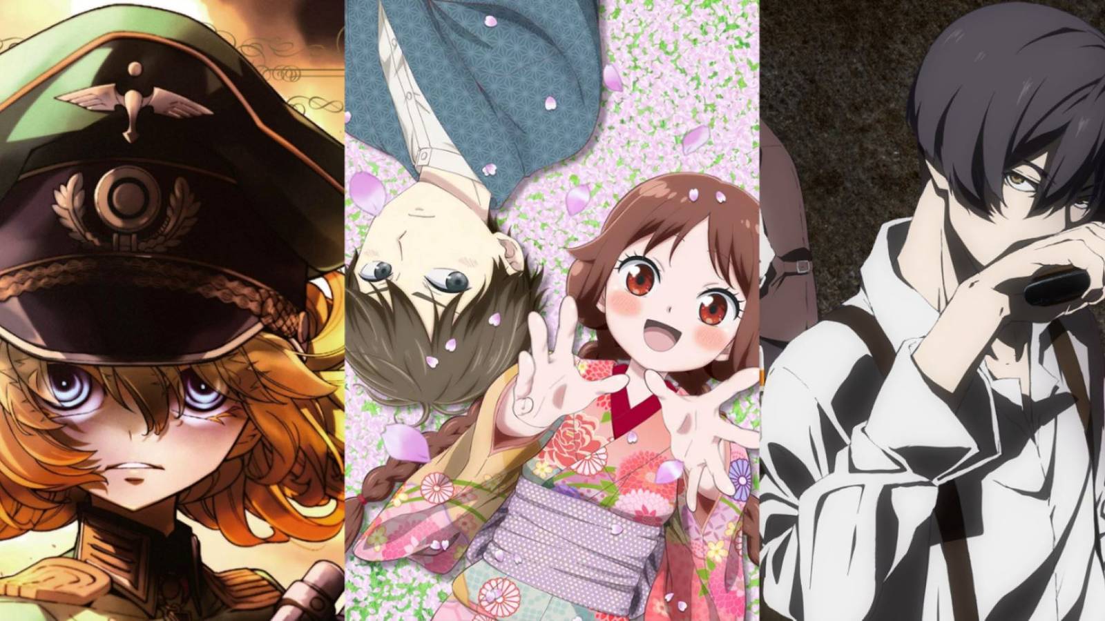 An split image with the main characters from The Saga of Tanya the Evil, Taisho Otome Fairy Tale, and 91 Days