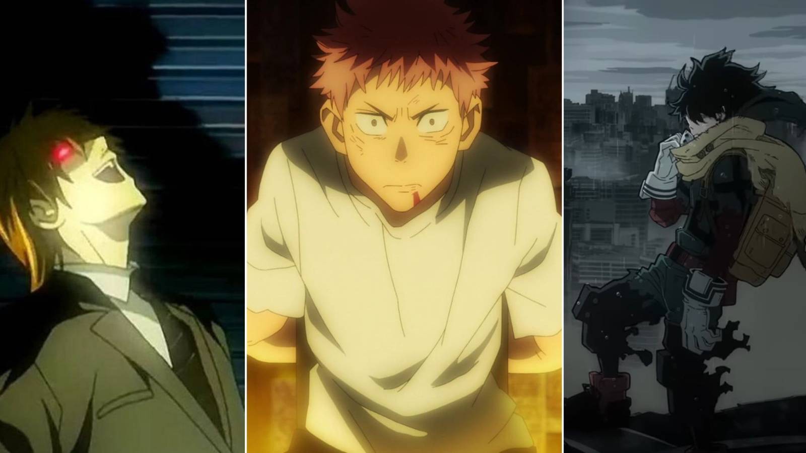 Split image of light yagami from death note, yuji itadori from jujutsu kaisen and deku from my hero academia
