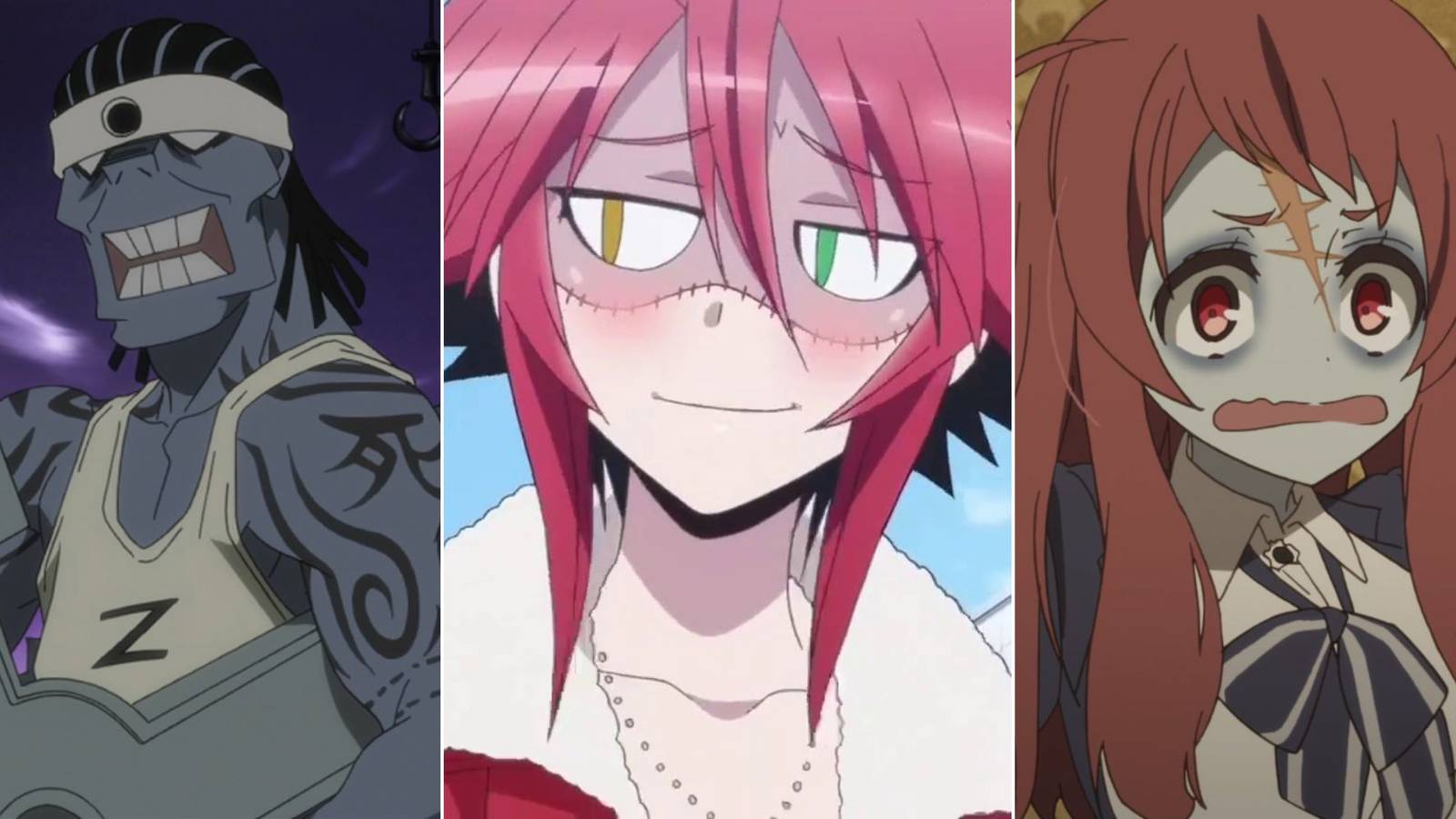 split image of sid barrett from soul eater, zombina from monster musume, and sakura from zombieland saga