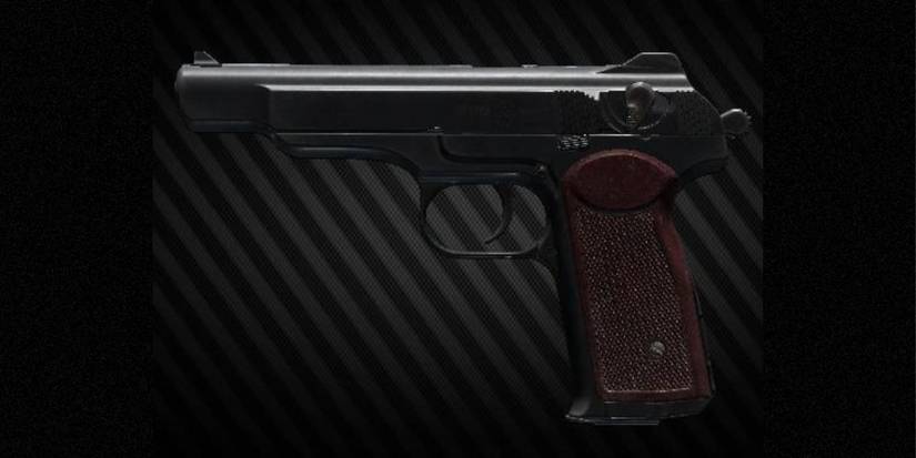 The Stechkin APS on a diagonal striped background in Escape From Tarkov