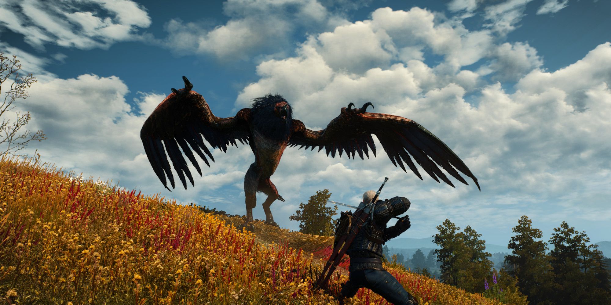 Geralt fights an Archgriffin in a field of flowers